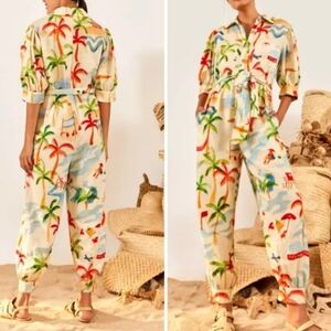 Farm Rio Anthropologie Sz Xs Copacabana Tropical Print Pocket Jumpsuit Belt